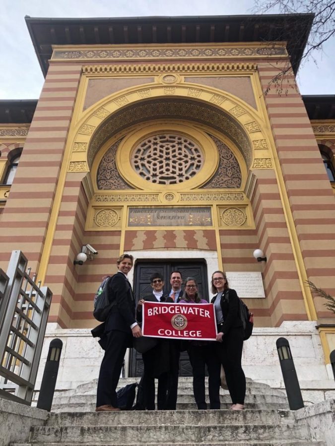 Bridgewater delegation outside of the Faculty of Islamic Studies at University of Sarajevo. From Left to Right: Junior Hunter Potts, Professors Harriet Hayes, Jamie Frueh and Nancy Klancher and sophomore McKenzie Melvin.