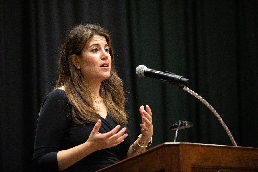 Social Activist Monica Lewinsky speaks at Bridgewater College, informing the audience about public shaming and humiliation culture.