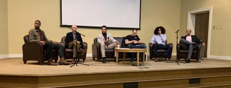 Deshon Holmes, Neil Rittenhouse, Austin Vaughan, David Reznick, Daniel Jones, and Obie Hill answer questions from the audience about what masculinity means to them. 