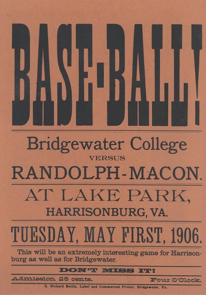 Bridgewater College vs. Randolph Macon baseball broadside, May 1906. Bridgewater College Special Collections.
