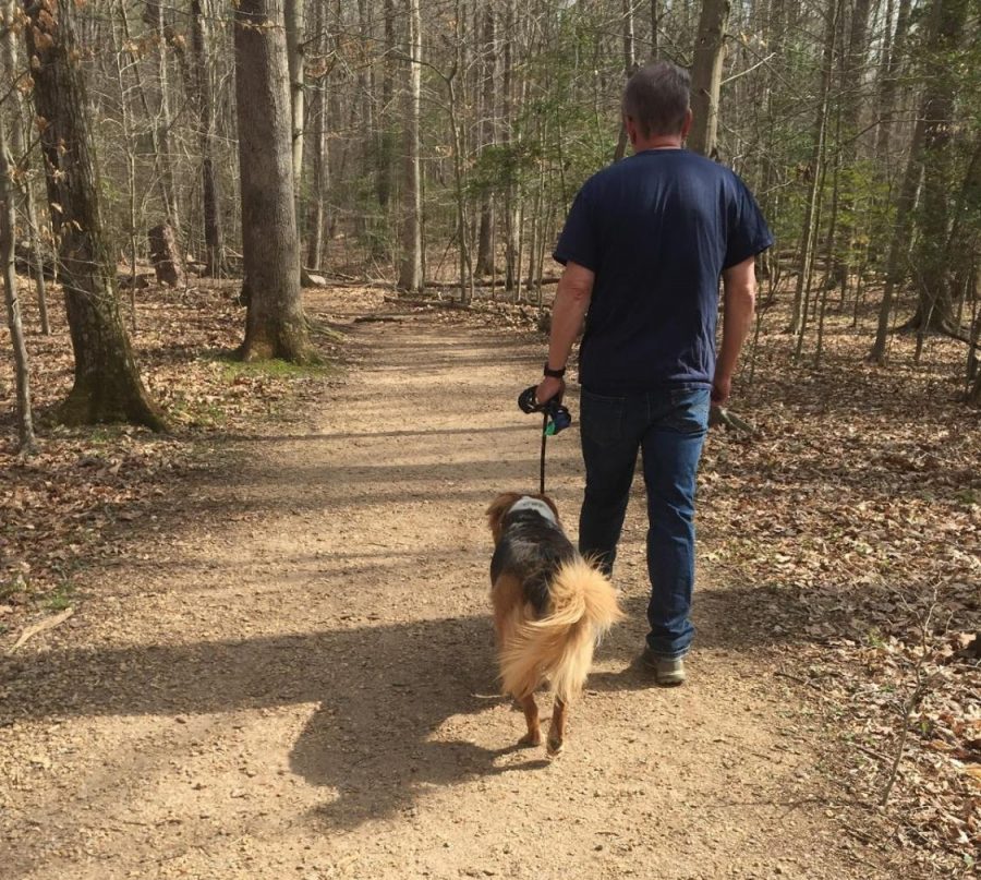 Prince William County Virginia resident Paul Carson walking his dog in a local National Park during the COVID-19 pandemic. Carson takes his dog, Lucy, on a long hike every afternoon and he hopes that his daily routine will not be curtailed by the pandemic.