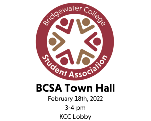 BCSA Town Hall poster with date February 18th from 3 to 4 PM in the KCC lobby.