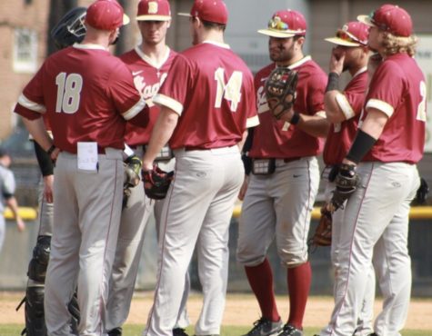 Head Coach Ben Spotts of the Bridgewater College Eagles baseball team comes out to talk to his infield to regroup. The Eagles went on to fall to Shenandoah University 13-4 on March 29.