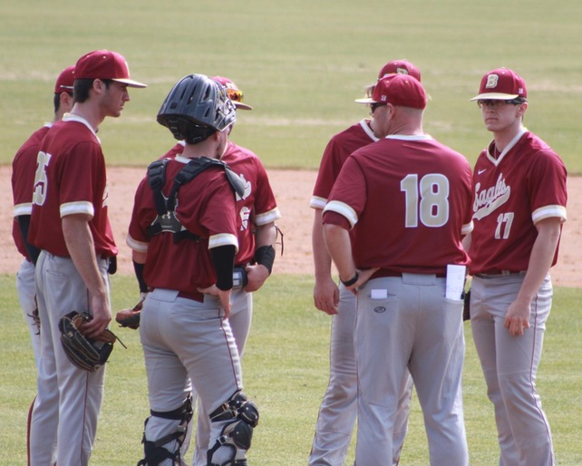 Eagles+manager+Ben+Spotts+discusses+strategy+with+his+infielders+during+the+Feb.+23+contest+at+CNU.