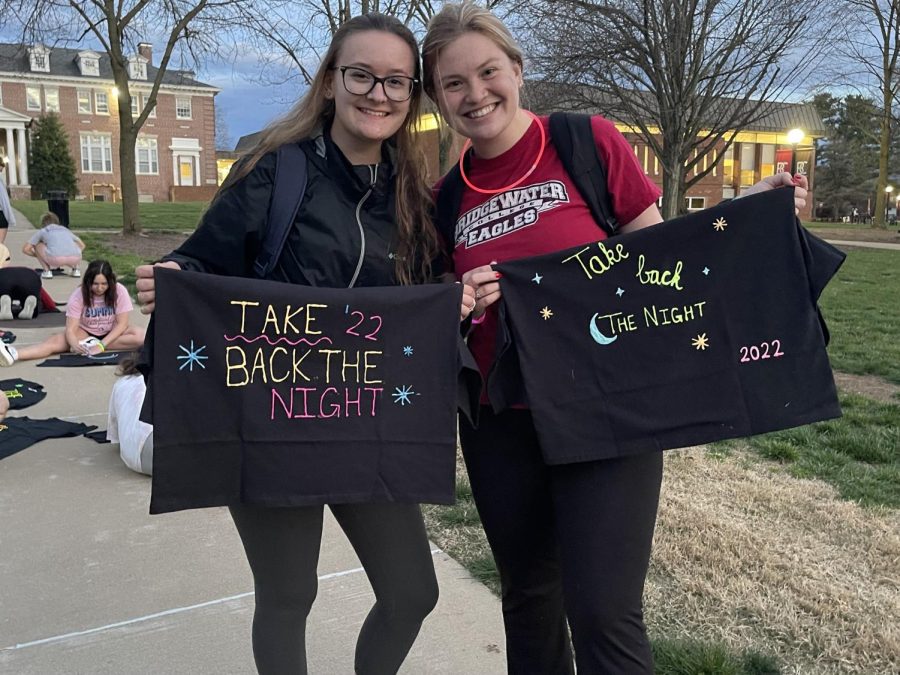 First-year Parker Sale and senior Lauren Eye after decorating their t-shirts during Take Back the Night. Take Back the Night focused on being a safe space for survivors of sexual assault and was hosted by BC United.