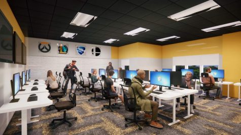 Students practicing in the eSports practice space render