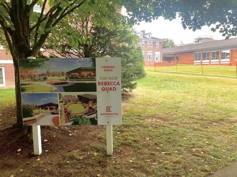 The sign beside the fenced Rebecca Quad which details the construction plans.