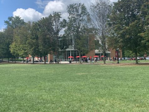 The Forrer Learning Commons patio pictured at a distance.