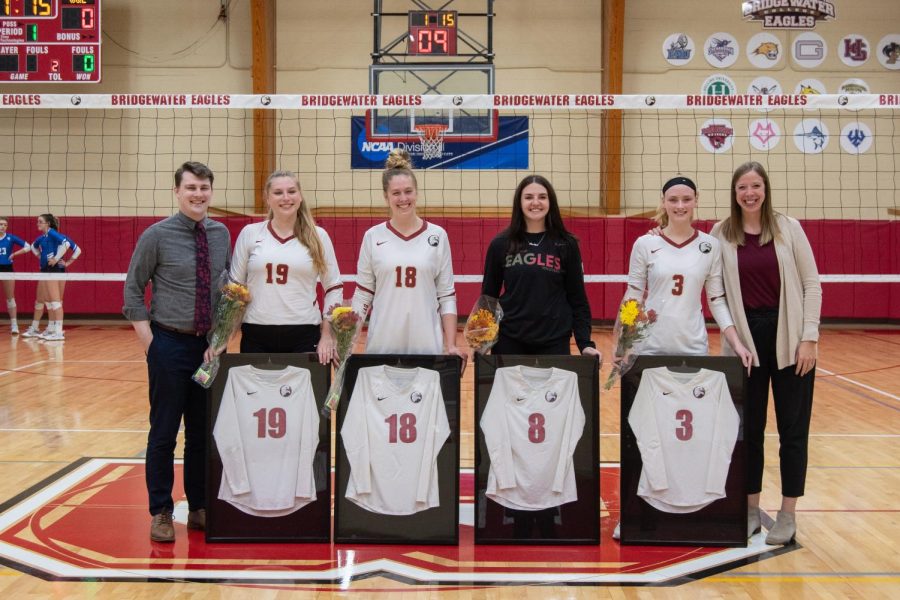 On Oct. 26, Bridgewater Athletics celebrated volleyball seniors ​​Grace Hayes, Ann-Marie Johnson, Sara Kerns, and Lisa O’Grady. Volleyball’s Senior Day match-up was the last game of the regular season.
