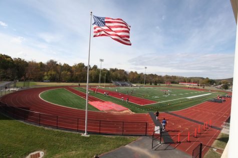 The American flag that overlooks the football field on Bridgewater campus.