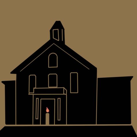 Illustration of Memorial Hall with a candle in the doorway.