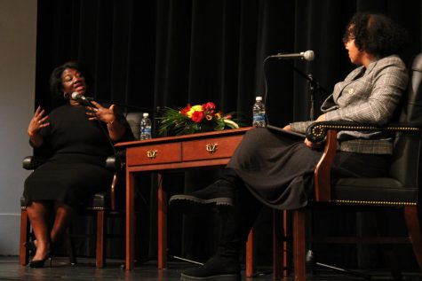Tressie McMillan Cottom, left, and Dominique Baker, right, gave an endowed lecture on March 21 on the issue “The Crisis of Faith in Higher Education.”
