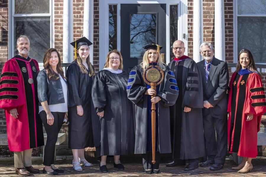 President David Bushman (Far Left) and Provost and Executive Vice President Leona Sevick (Far Right) stand with the six recipients of the Founder’s Day awards. The Founder’s Day convocation began in Nininger Hall on April 4 at 10:15 a.m.