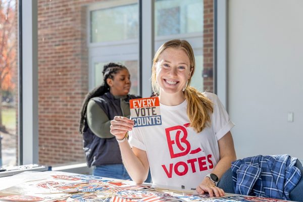 Senior Katelyn Yoder, a Civic and Community Engagement Scholar, participates in the BC Votes event in the FLC. The event helped educate students on voting and registration.