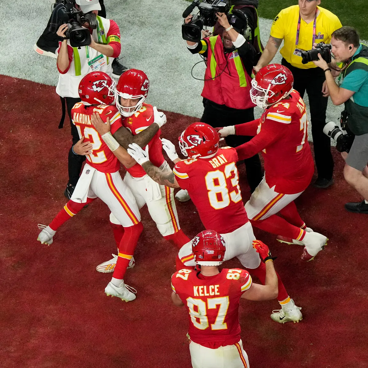 Patrick Mahomes and other teammates celebrate with Chiefs receiver, Mecole Hardman, after catching the game winning touchdown in overtime to win the Super Bowl. The game winning drive  helped the team secure their third win in their recent dynasty.