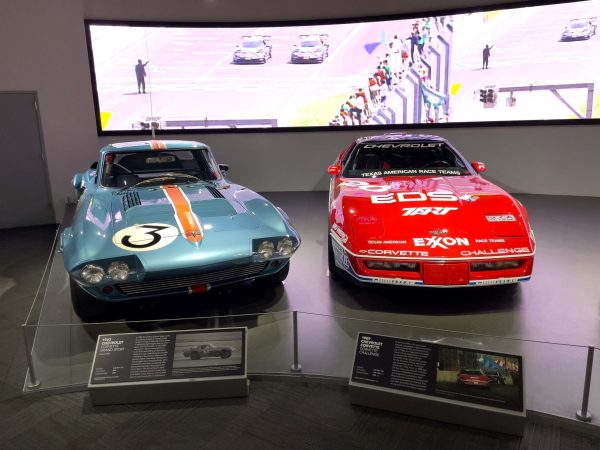 Two cars from the Wolfgang Petersen Museum, pictured are the 1963 and 1989 Chevrolet Corvette models. This museum captured the spirit and history of automobiles in commercialization, culture and sports.