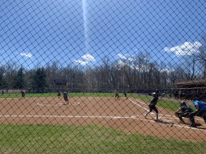 The Eagles have two base runners in the top of the third inning threatening to score with a chance to take a lead over Mary Baldwin. The Eagles won in a long game in extra innings after a close play at home plate.