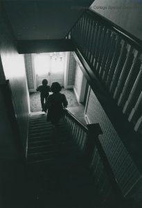 This picture shows a darkened staircase in Yount Hall on the East side of Campus. Yount Hall is over 100 years old.