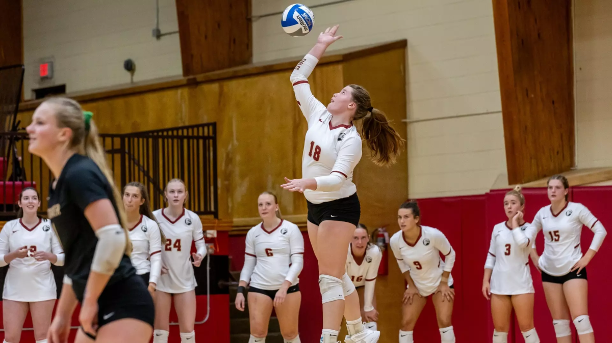 Sophomore outside hitter, Reagan Stoop, serves the ball to Randolph-Macon in a five-set game. The Eagles won 3-2 and defeated Randolph-Macon for the first time since 2013.