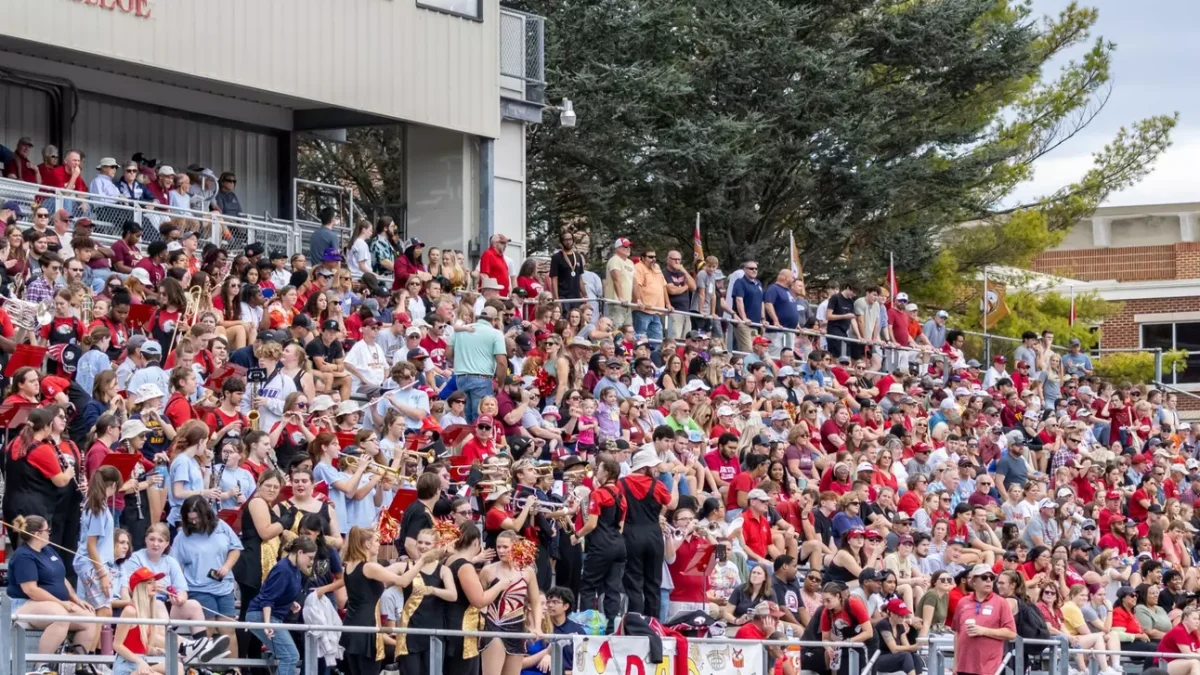 The bleachers are packed for the Bridgewater College Football game and spectators are dressed in crimson, white and gold to support the Eagles. This was the first home game of the season for the Eagles, and they did not disappoint their fans.