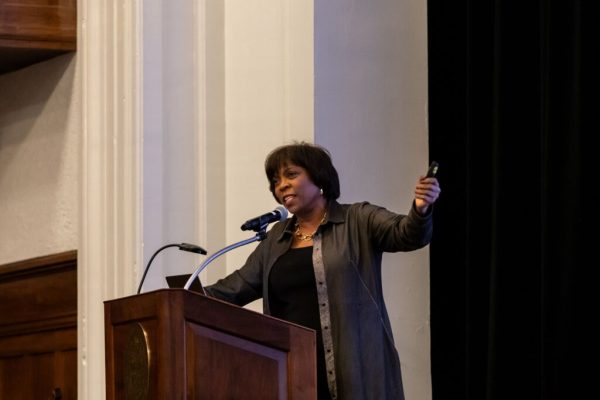 Ertharin Cousin presents at the endowed lecture at Bridgewater College on global hunger. She was center stage in front of a mixture of students and community members in Cole Hall speaking about her past experiences in food security.