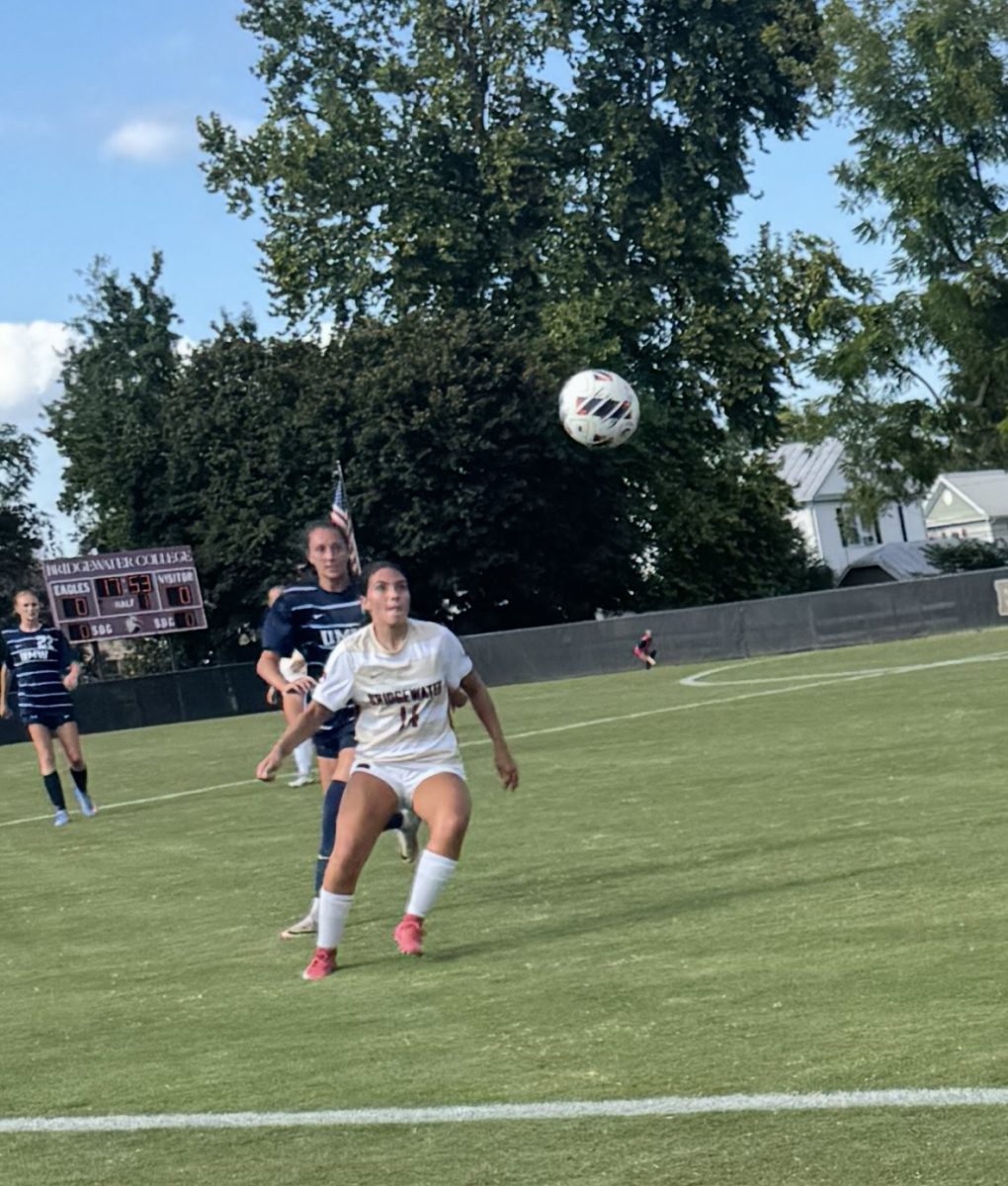 Junior Laura Narby controlling a pass to keep possession with Bridgewater. Narby played a huge role in the Eagles comeback.