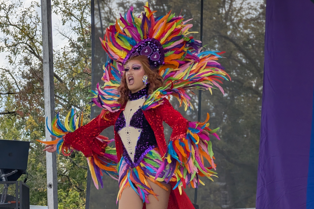 A drag queen from Rhinestone Productions takes the stage to display confidence. Her performance is an embodiment of the fest’s mission to spread pride.  