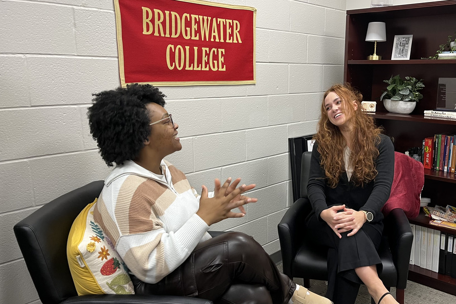 Adrianna Hayes (left) and Grace Warren (right) planning for Eagle Connections events. They look forward to making the program more focused on peer-mentorship.