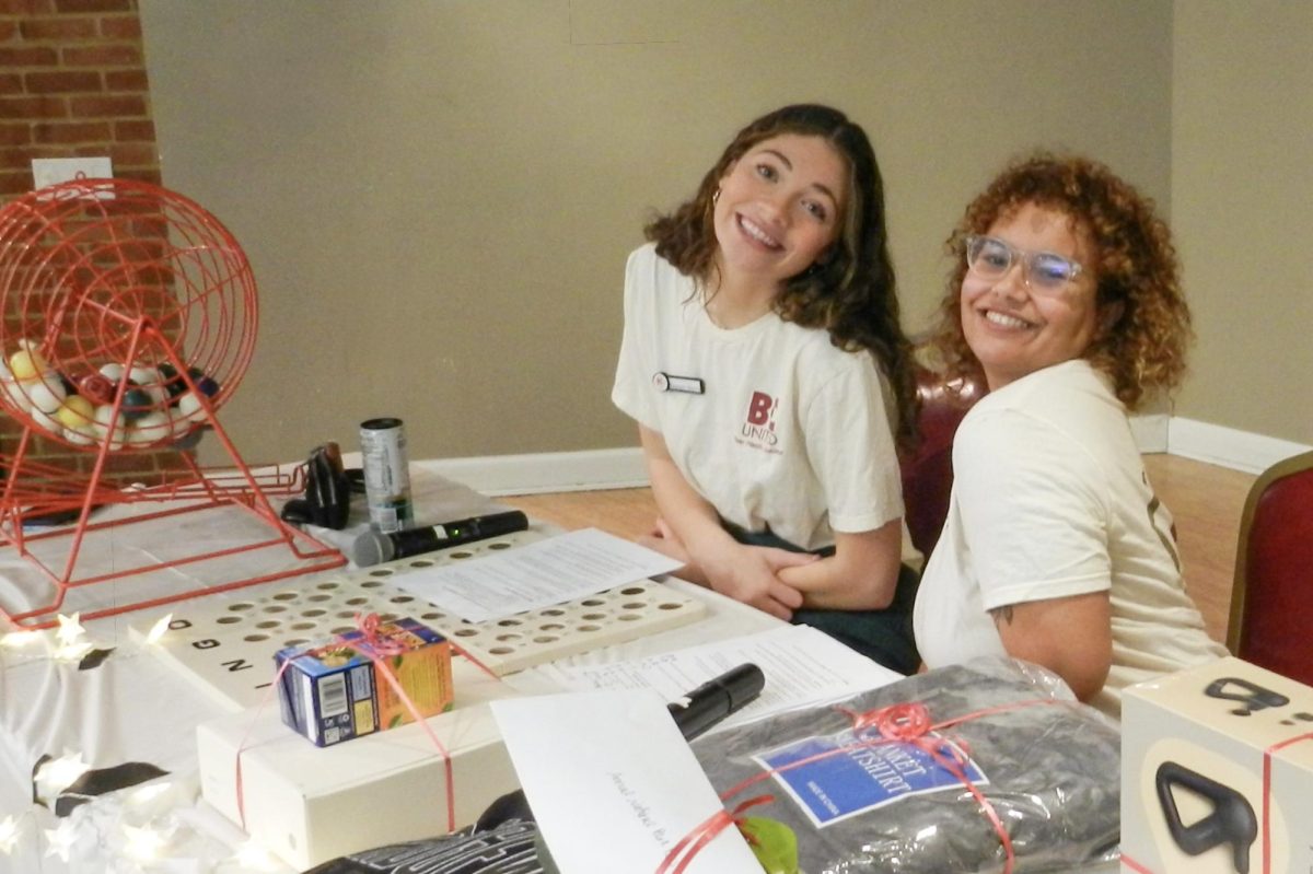 Bridgewater students and members of BC United Autumn Sissler (right) and Reagan Sterrs (left) emceed Bingo Night. The students raffled off prizes, called numbers and told students about upcoming opportunities on campus.