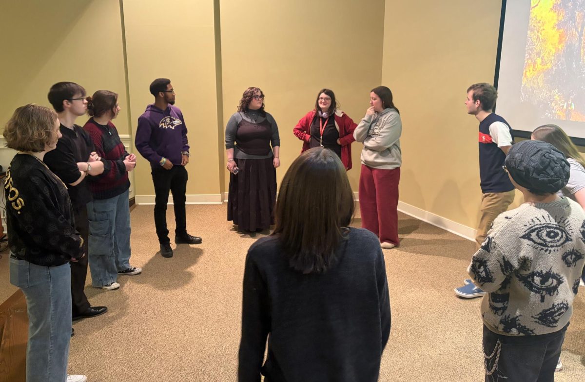 Pinion players members and other Bridgewater students circle up during an improv night to play a game. This was Pinion Players' first event of 2026.
