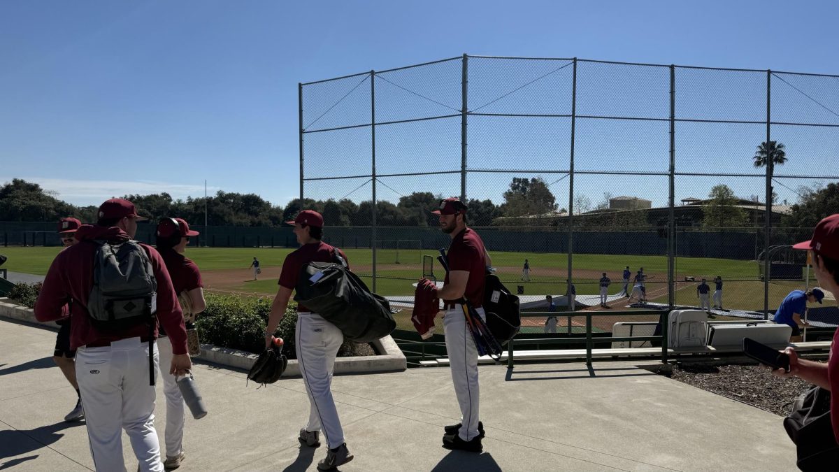 Bridgewater College baseball players walk toward the field to face nationally ranked Pomona-Pitzer during the team’s 2026 spring break trip to California. The Eagles used the trip to compete against top opponents while building team chemistry. 